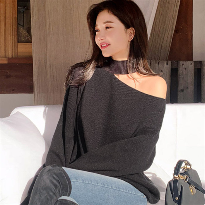 Halter Bare Shoulders Knitted Office Ladies Winter Autumn Loose Irregular Casual Elegant High Street Sweaters Tops