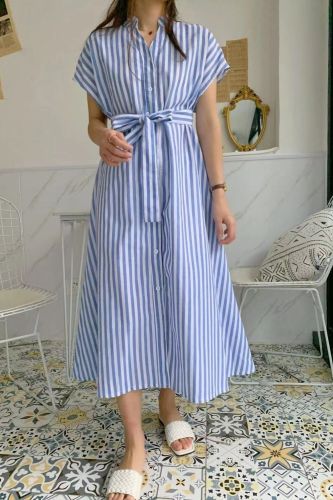 Striped Casual Dress For Women V Neck Short Sleeve High Waist Belt Designer Hit Color Dresses Female Summer 2021 Tide