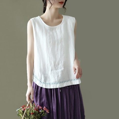 Oversized Solid Cotton Linen Women Vest Tank Tops O-Neck Sleeveless Loose Vintage Casual Female Pulls Outwear Tops