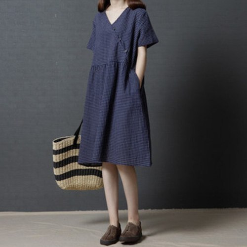2021 New Korean Loose Large Size Women's Summer lattice V-neck Dress Women short-sleeved Cotton Linen Dress x648
