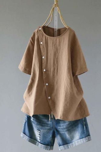 Women Casual Short Sleeve Button Solid Loose T-shirts