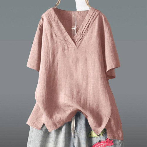 Summer Women Tshirt Plus Size Short Sleeve Casual Loose V-neck Tee Shirt Femme Irregularity Vintage Cotton Linen Tops D9