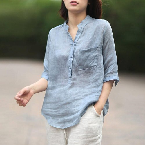 Vintage Cotton And Linen Shirts Female Loose V-Neck Plus Size Mom Blouses Streetwear Summer Shirt Women Tops Blusas Mujer Q3819
