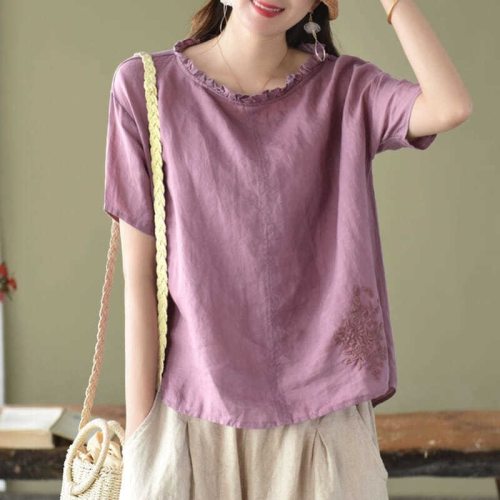 Casual Women Tshirts New Summer 2021 Short Sleeve Ruffles Rund Collar Loose Vintage Tops Embroidery Top Tees Solid Cotton Linen