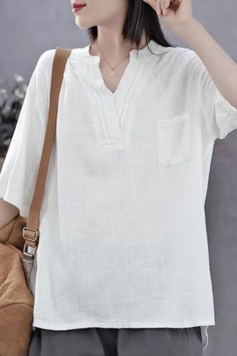 Summer New Style V-Neck Cotton And Linen T-Shirt