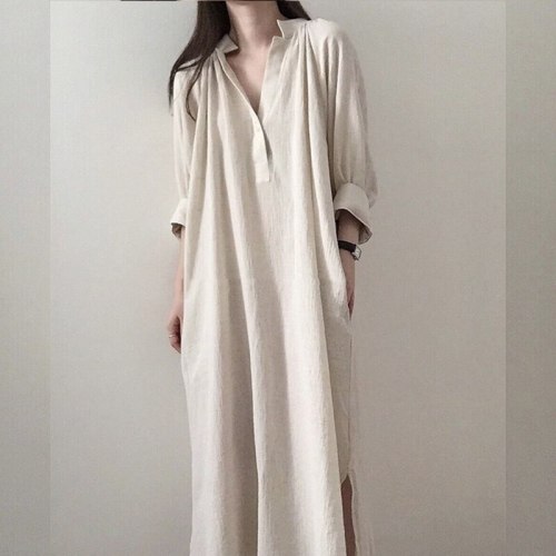 Spring Summer 2021 New Cotton and Linen Oversize Women Long Dresses Casual Loose Fashionable Vintage Female Shirts Dress