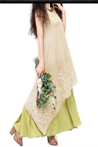 Plus Size Women Dress Vintage Casual Loose Elegant Dress Floral Embroidery  Two Layers Long Dress Green Vestidos 2021