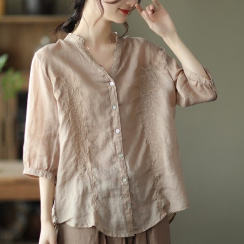 Women Half Sleeve Solid Cotton Linen Blouses&Shirts