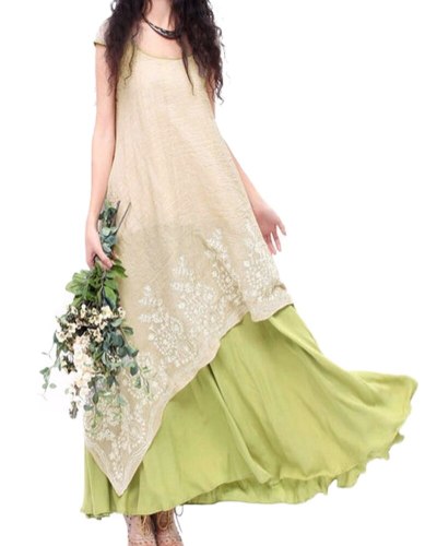 Plus Size Women Dress Vintage Casual Loose Elegant Dress Floral Embroidery  Two Layers Long Dress Green Vestidos 2021