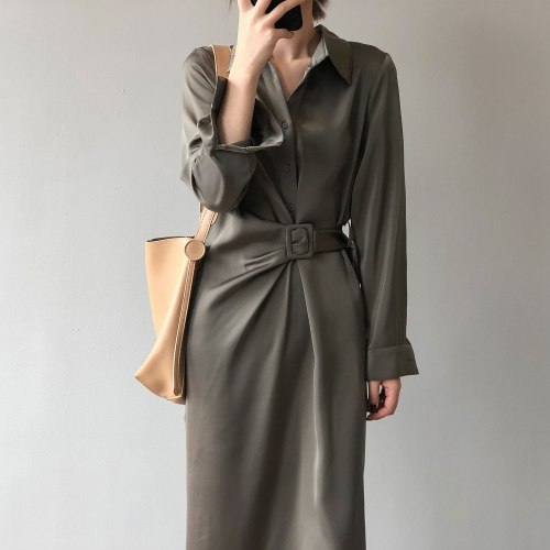 Women Chic Button-up Satin Maxi Shirt Dress Fashion with Wrap Belt Sexy Slim Long Sleeve OL Ladies Elegant Party Dresses for Wom