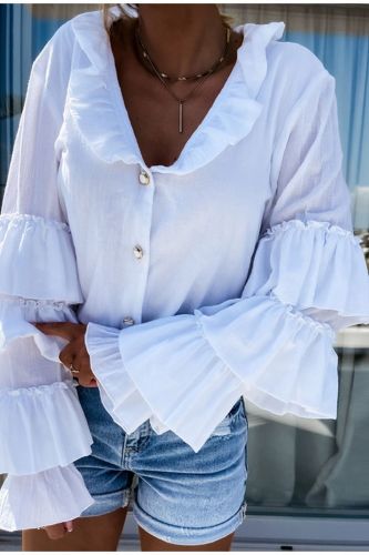 White Butterfly Sleeve Women's Shirt Ruffled Single Breasted Office Lady Temperament Tops For Ladies 2021 Autumn Female Clothing