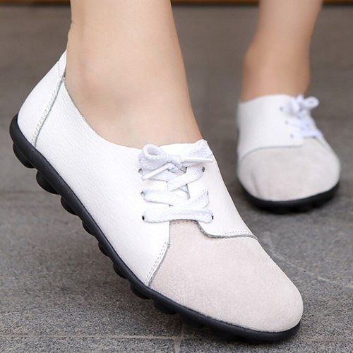Casual shoes women round toe cross tied loafers Patchwork Gary Boat shoes flats plus size 35-44 Genuine Leather shoes woman
