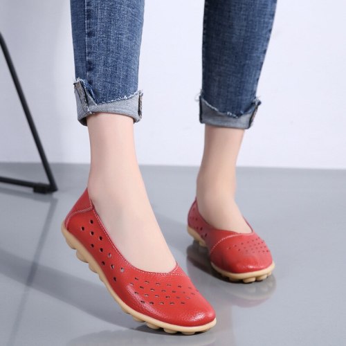 Leather Women Flats New Cut-Outs Summer Shoes Woman Hollow Women's Loafers Female Solid Shoe Large Size 35-44