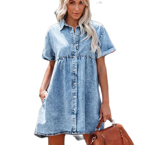 2021 Summer New Women's Fashion Hot-Selling Loose Solid Color Stitching Single-Breasted Lapel Short-Sleeved Dress