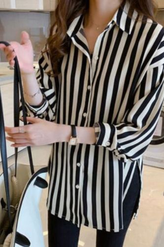 spring summer Korean design loose striped shirt women's thin retro Long Sleeve Chiffon Blouse Button Cardigan Clothes Women