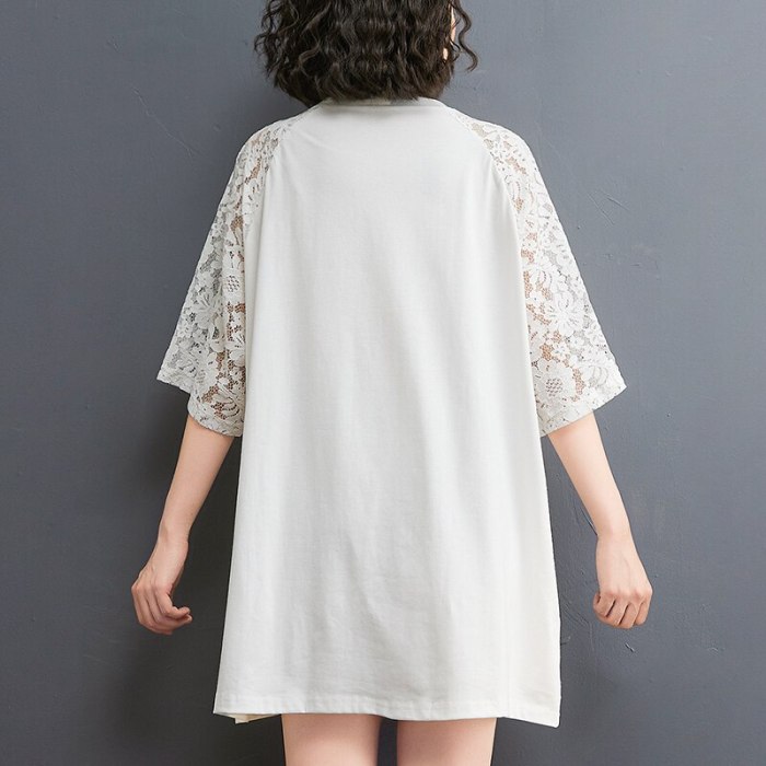 Summer Fashion Lace Spliced Plus Large Cotton Loose T-shirt