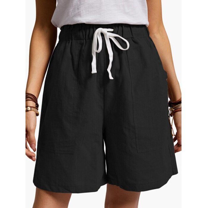 Women's Cotton Linen Elastic Waist Bottoms Pockets Shorts