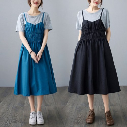 Color contrast stitching fake two piece dress fat mm large women's short sleeve round neck dress