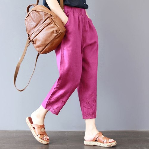 Casual Linen Pants Women's Trousers 2021 Vintage Loose Solid Color Pantalon Female Elastic Waist Turnip Pants Plus Size 4XL F123