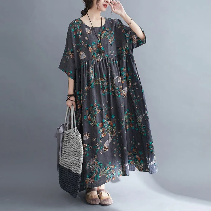 Women Loose Elegant O-neck Print Maxi Dress