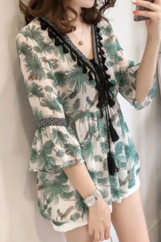 Women Fashion Bohemian Chiffon Blouse Female Tassel Floral Printed Shirt Flare Sleeve V-neck Loose Tops Plus Size Streetwear