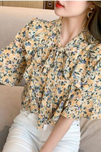 Elegant Blouses Women Ruffle Chiffon Shirts 2021 Spring Autumn Casual Printed Floral Pullover Tops Long Sleeve V-neck Blusas