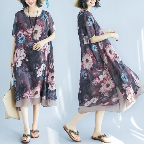 Women Elegant Vintage Flower Print Casual Chiffon Dress