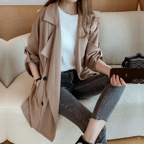 New Autumn Winter Women Trench Coat Large Lapel Solid Coats Women Double-breasted Long Sleeve Casual Coats Women