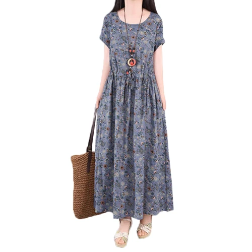 2021 New Summer Dress Loose Vintage Long Dress vestido de mulher Robe Cotton Small floral Big Hem Woman Dress