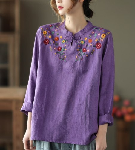 2021 Spring Vintage Floral Embroidery Shirts Women Full Sleeve Thin Linen Indie Folk Style Tops Female Wild
