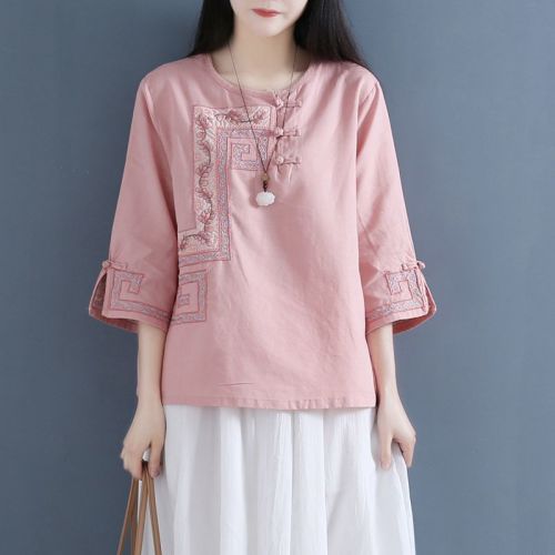 Spring and Summer Retro Buttoned Linen Cotton and Linen Crew Neck Embroidered Shirt