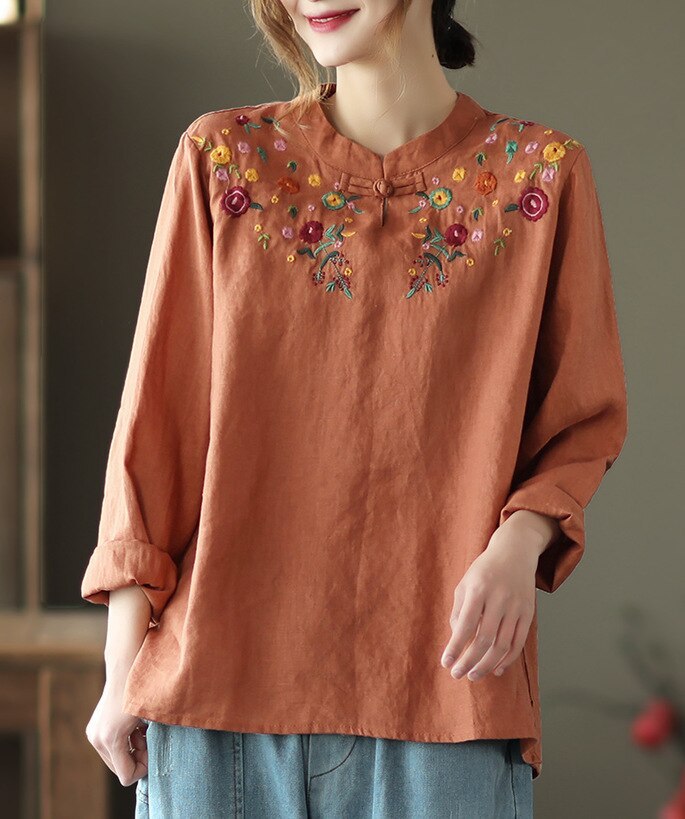 Women Vintage Floral Embroidery Shirts