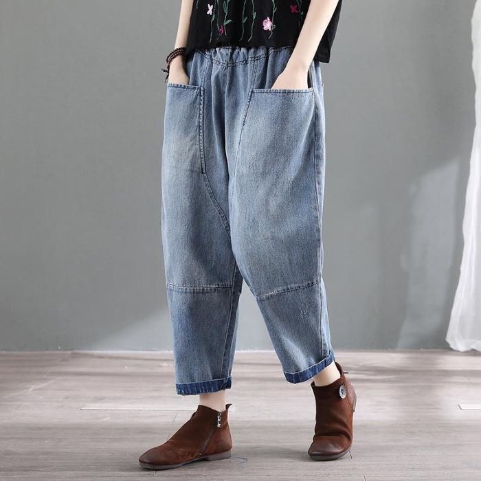 Women's High Waist Jeans Vintage Large Pockets Harem Pants Female Ankle-Length Pants Loose Oversized Women Denim Pants