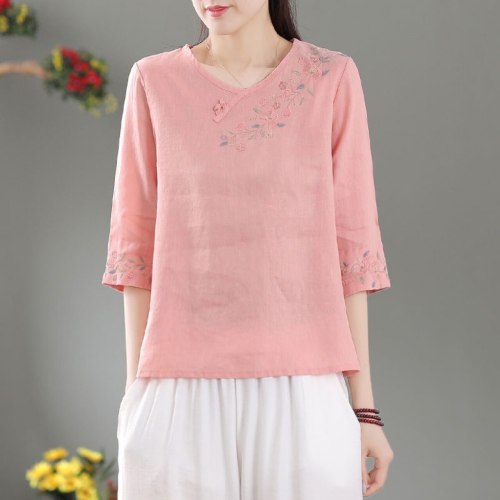 Vintage Embroidery Flowers T-Shirts Women Cotton Linen Thin O-Neck Collar Half Sleeve Loose Indie Folk Tees Tops Summer Female