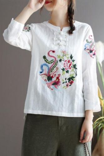 Women Cotton Linen Embroidery Long sleeve Casual Tops