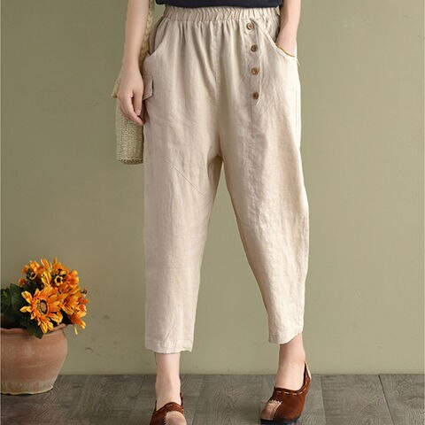 Summer Women Cotton Linen Solid Vintage Loose Casual Pants