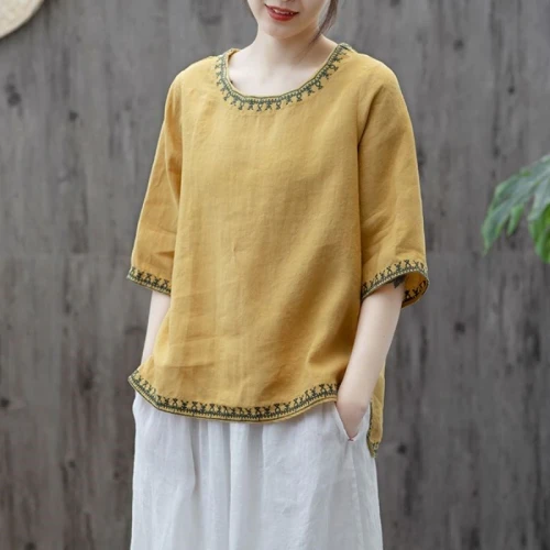 Ethnic Flower Embroidery Women Casual Loose T-shirt