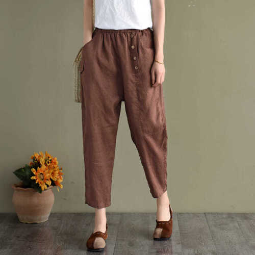 2021 Spring Summer Women Cotton Linen Harem Pant Solid Vintage Loose Button Elastic Waist Office Female Casual Trousers M161