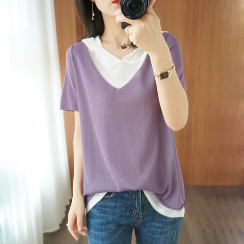 2021 summer new ladies T-shirt casual stitching plus size pullover top with hood collar V-neck tees women's sweater short sleeve