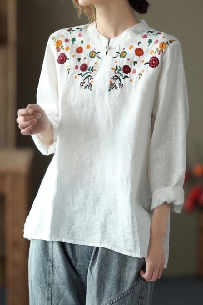 Women Vintage Floral Embroidery Shirts