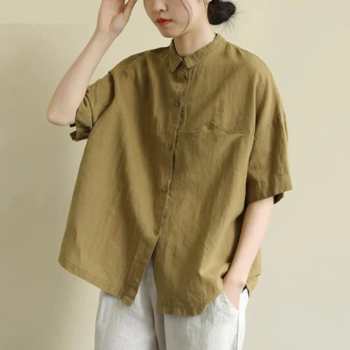 New Arrival Summer Arts Style Women Short Sleeve Vintage Cotton Linen Shirt Loose Casual Turn-down Collar Blouses Plus Size S935