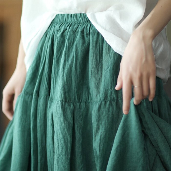 Women Cotton Linen Solid Color Vintage Skirts Elastic Waist Patchwork 2021 Summer New Sweet Casual Korean Style Skirts