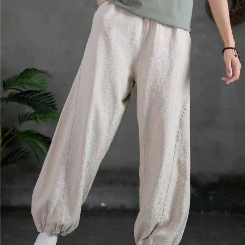 Summer Cotton Linen Vintage Elastic Waist Loose Pants