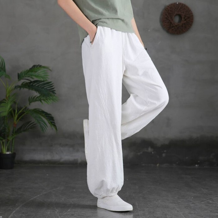 2021 Summer Cotton Linen Tie Feet Harem Pants for Women Vintage Elastic Waist Loose Pants Ankle-length Green Trousers Female
