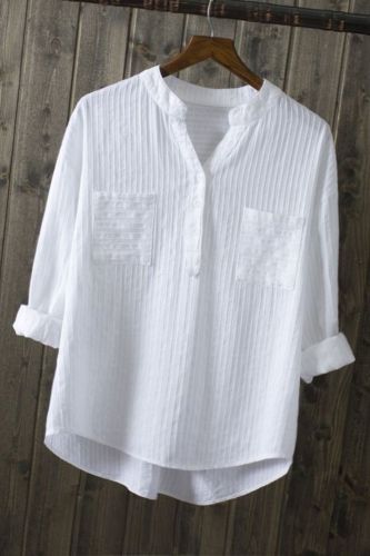 Women White V-Neck Cotton Casual Shirts