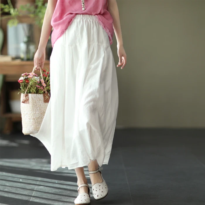 Women Cotton Linen Solid Color Vintage Skirts Elastic Waist Patchwork 2021 Summer New Sweet Casual Korean Style Skirts