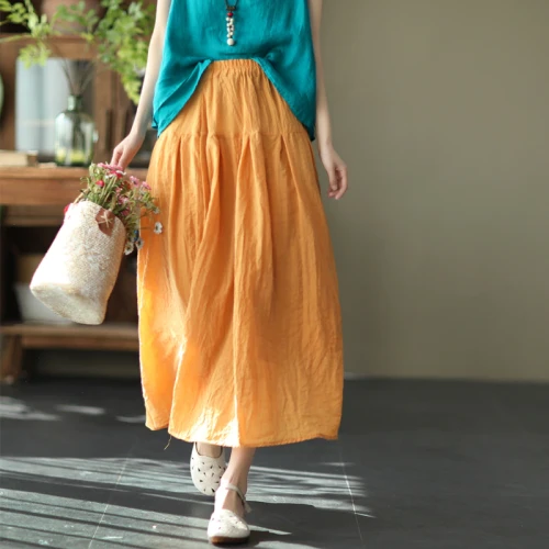 Women Cotton Linen Solid Vintage Elastic Waist Patchwork Skirts