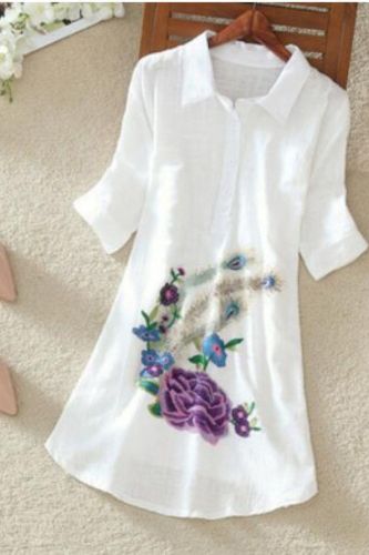 White Long Shirt Women Office Blouse Plus size Cotton Linen Vintage Embroidery Short sleeve Ladies Summer Tops Casual 4XL 5XL