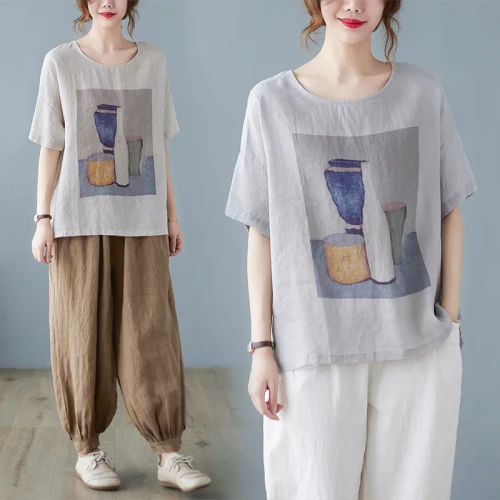 Women Pullovers T-Shirt Cotton Linen Summer Breathable Thin Literary Printing Casual Loose Short Sleeved Office Ladies Tops Tees