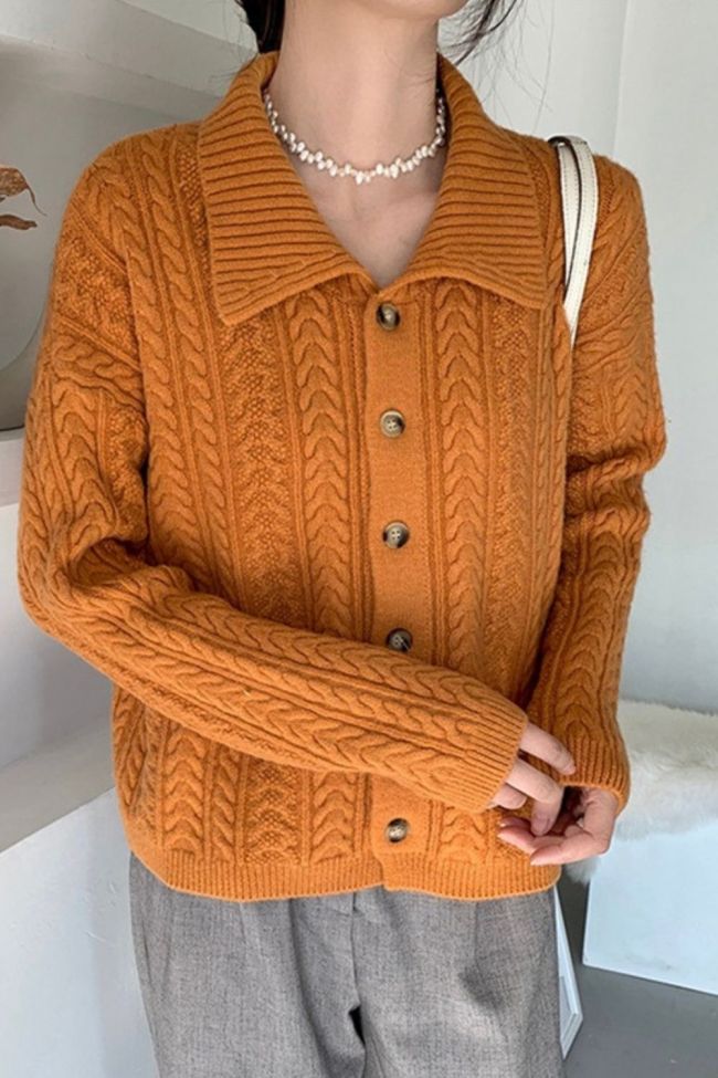 Vintage Knitted Turn-down Collar Single-breasted Cardigan